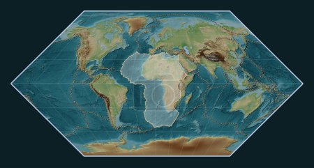Téléchargez les photos : Plaque tectonique africaine sur la carte d'élévation de style Wiki dans la projection d'Eckert I centrée méridionale. Limites des autres plaques - en image libre de droit