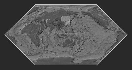 Foto de Placa tectónica de Amur en el mapa de elevación bilevel en la proyección Eckert I centrada meridionalmente. Límites de otras placas - Imagen libre de derechos