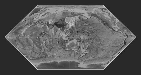 Photo for Amur tectonic plate on the grayscale elevation map in the Eckert I projection centered meridionally. Boundaries of other plates - Royalty Free Image