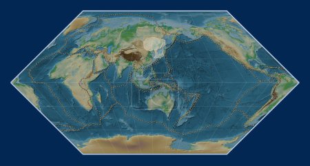 Téléchargez les photos : Plaque tectonique d'Amour sur la carte physique de l'altitude dans la projection d'Eckert I centrée méridionale. Limites des autres plaques - en image libre de droit
