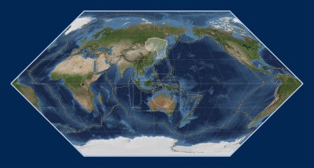 Photo for Amur tectonic plate on the Blue Marble satellite map in the Eckert I projection centered meridionally. Boundaries of other plates - Royalty Free Image