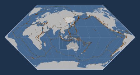 Photo for Amur tectonic plate on the solid contour map in the Eckert I projection centered meridionally. Distribution of known volcanoes - Royalty Free Image