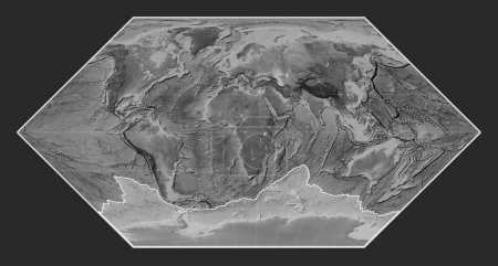 Photo for Antarctica tectonic plate on the grayscale elevation map in the Eckert I projection centered meridionally. - Royalty Free Image