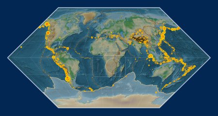 Foto de Placa tectónica antártica en el mapa de elevación física en la proyección Eckert I centrada meridionalmente. Localizaciones de terremotos de magnitud superior a 6,5 registradas desde principios del siglo XVII - Imagen libre de derechos