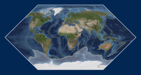 Photo for Antarctica tectonic plate on the Blue Marble satellite map in the Eckert I projection centered meridionally. Boundaries of other plates - Royalty Free Image