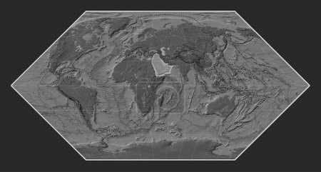 Photo for Arabian tectonic plate on the bilevel elevation map in the Eckert I projection centered meridionally. Boundaries of other plates - Royalty Free Image