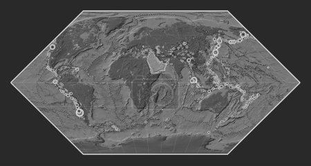 Photo for Arabian tectonic plate on the bilevel elevation map in the Eckert I projection centered meridionally. Locations of earthquakes above 6.5 magnitude recorded since the early 17th century - Royalty Free Image
