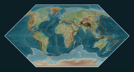 Téléchargez les photos : Plaque tectonique antarctique sur la carte d'altitude de style Wiki dans la projection Eckert I centrée méridionale. Distribution des volcans connus - en image libre de droit