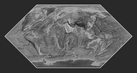 Photo for Arabian tectonic plate on the grayscale elevation map in the Eckert I projection centered meridionally. - Royalty Free Image