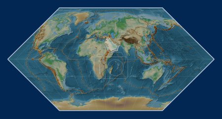 Photo for Arabian tectonic plate on the physical elevation map in the Eckert I projection centered meridionally. Distribution of known volcanoes - Royalty Free Image