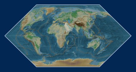 Photo for Arabian tectonic plate on the physical elevation map in the Eckert I projection centered meridionally. Boundaries of other plates - Royalty Free Image