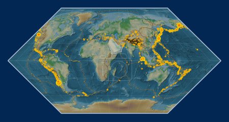 Photo for Arabian tectonic plate on the physical elevation map in the Eckert I projection centered meridionally. Locations of earthquakes above 6.5 magnitude recorded since the early 17th century - Royalty Free Image