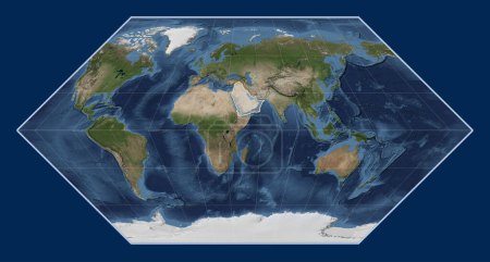 Photo for Arabian tectonic plate on the Blue Marble satellite map in the Eckert I projection centered meridionally. - Royalty Free Image