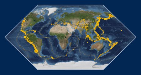 Photo for Arabian tectonic plate on the Blue Marble satellite map in the Eckert I projection centered meridionally. Locations of earthquakes above 6.5 magnitude recorded since the early 17th century - Royalty Free Image