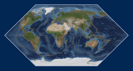 Photo for Arabian tectonic plate on the Blue Marble satellite map in the Eckert I projection centered meridionally. Distribution of known volcanoes - Royalty Free Image
