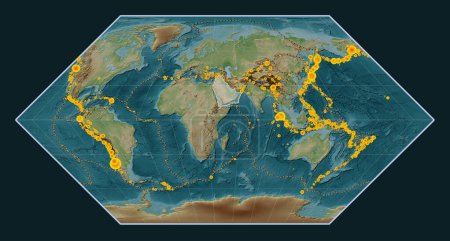 Photo for Arabian tectonic plate on the Wiki style elevation map in the Eckert I projection centered meridionally. Locations of earthquakes above 6.5 magnitude recorded since the early 17th century - Royalty Free Image