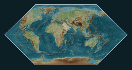 Photo for Arabian tectonic plate on the Wiki style elevation map in the Eckert I projection centered meridionally. Distribution of known volcanoes - Royalty Free Image