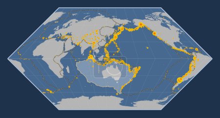 Foto de Placa tectónica australiana en el mapa de contorno sólido en la proyección Eckert I centrada meridionalmente. Localizaciones de terremotos de magnitud superior a 6,5 registradas desde principios del siglo XVII - Imagen libre de derechos