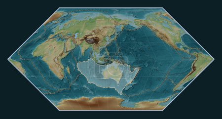 Téléchargez les photos : Plaque tectonique australienne sur la carte d'élévation de style Wiki dans la projection Eckert I centrée méridionale. Limites des autres plaques - en image libre de droit
