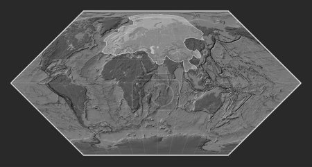 Téléchargez les photos : Plaque tectonique eurasienne sur la carte d'altitude bilevel dans la projection Eckert I centrée méridionale. - en image libre de droit
