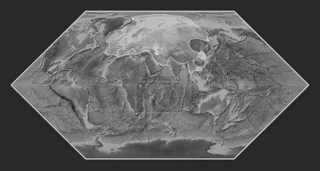 Foto de Placa tectónica eurasiática en el mapa de elevación a escala de grises en la proyección Eckert I centrada meridionalmente. Límites de otras placas - Imagen libre de derechos