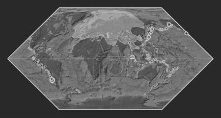 Foto de Placa tectónica eurasiática en el mapa de elevación bilevel en la proyección Eckert I centrada meridionalmente. Localizaciones de terremotos de magnitud superior a 6,5 registradas desde principios del siglo XVII - Imagen libre de derechos