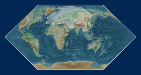 Photo for Eurasian tectonic plate on the physical elevation map in the Eckert I projection centered meridionally. - Royalty Free Image