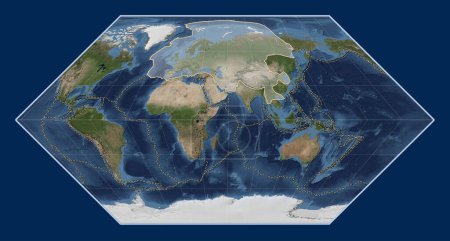 Photo for Eurasian tectonic plate on the Blue Marble satellite map in the Eckert I projection centered meridionally. Boundaries of other plates - Royalty Free Image