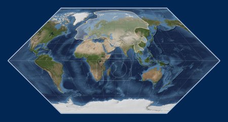 Photo for Eurasian tectonic plate on the Blue Marble satellite map in the Eckert I projection centered meridionally. - Royalty Free Image