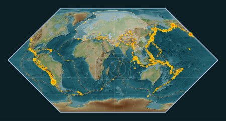 Photo for Eurasian tectonic plate on the Wiki style elevation map in the Eckert I projection centered meridionally. Locations of earthquakes above 6.5 magnitude recorded since the early 17th century - Royalty Free Image