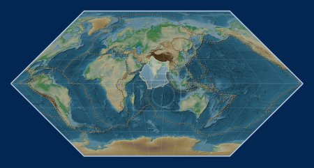 Photo for Indian tectonic plate on the physical elevation map in the Eckert I projection centered meridionally. Boundaries of other plates - Royalty Free Image