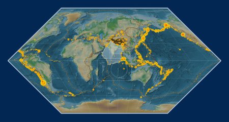 Photo for Indian tectonic plate on the physical elevation map in the Eckert I projection centered meridionally. Locations of earthquakes above 6.5 magnitude recorded since the early 17th century - Royalty Free Image