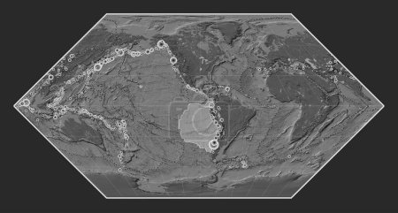 Photo for Nazca tectonic plate on the bilevel elevation map in the Eckert I projection centered meridionally. Locations of earthquakes above 6.5 magnitude recorded since the early 17th century - Royalty Free Image