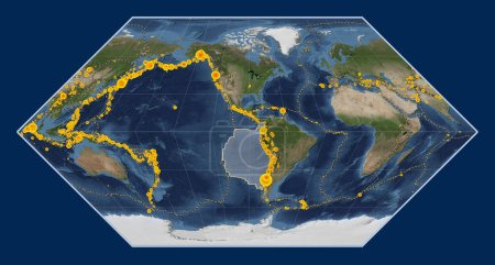 Foto de Placa tectónica de Nazca en el mapa satélite de mármol azul en la proyección de Eckert I centrada meridionalmente. Localizaciones de terremotos de magnitud superior a 6,5 registradas desde principios del siglo XVII - Imagen libre de derechos