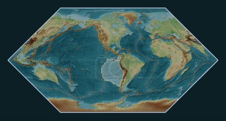 Photo for Nazca tectonic plate on the Wiki style elevation map in the Eckert I projection centered meridionally. Distribution of known volcanoes - Royalty Free Image