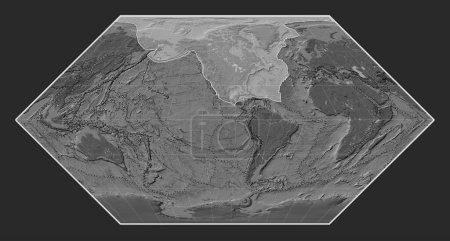 Foto de Placa tectónica norteamericana en el mapa de elevación bilevel en la proyección Eckert I centrada meridionalmente. Límites de otras placas - Imagen libre de derechos
