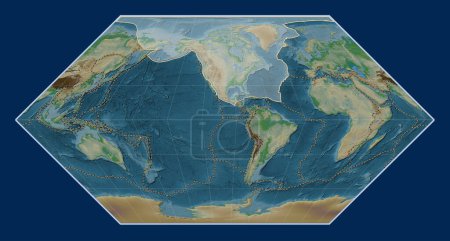 Photo for North American tectonic plate on the physical elevation map in the Eckert I projection centered meridionally. Boundaries of other plates - Royalty Free Image