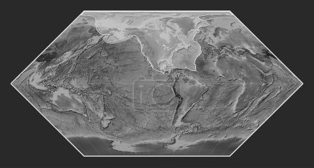 Photo for North American tectonic plate on the grayscale elevation map in the Eckert I projection centered meridionally. Boundaries of other plates - Royalty Free Image
