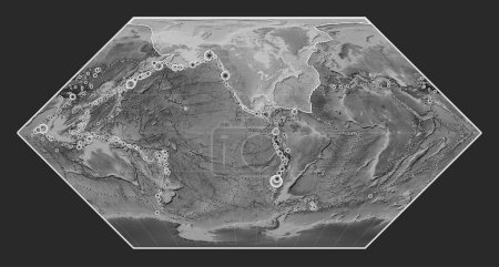 Photo for North American tectonic plate on the grayscale elevation map in the Eckert I projection centered meridionally. Locations of earthquakes above 6.5 magnitude recorded since the early 17th century - Royalty Free Image
