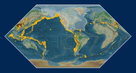 Photo for North American tectonic plate on the physical elevation map in the Eckert I projection centered meridionally. Locations of earthquakes above 6.5 magnitude recorded since the early 17th century - Royalty Free Image