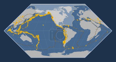 Téléchargez les photos : Plaque tectonique nord-américaine sur la carte de contour solide dans la projection d'Eckert I centrée méridionale. Lieux des tremblements de terre de plus de 6,5 magnitude enregistrés depuis le début du 17ème siècle - en image libre de droit