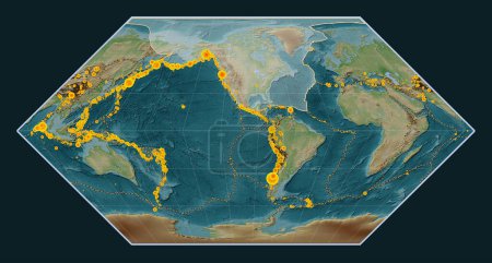 Photo for North American tectonic plate on the Wiki style elevation map in the Eckert I projection centered meridionally. Locations of earthquakes above 6.5 magnitude recorded since the early 17th century - Royalty Free Image