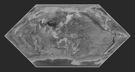 Photo for Okhotsk tectonic plate on the grayscale elevation map in the Eckert I projection centered meridionally. Boundaries of other plates - Royalty Free Image