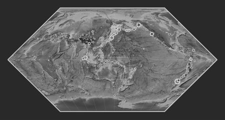 Photo for Okhotsk tectonic plate on the grayscale elevation map in the Eckert I projection centered meridionally. Locations of earthquakes above 6.5 magnitude recorded since the early 17th century - Royalty Free Image