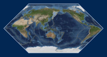 Téléchargez les photos : Plaque tectonique Okhotsk sur la carte satellite Blue Marble dans la projection Eckert I centrée méridionale. Limites des autres plaques - en image libre de droit