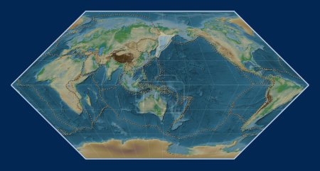 Photo for Okhotsk tectonic plate on the physical elevation map in the Eckert I projection centered meridionally. Boundaries of other plates - Royalty Free Image