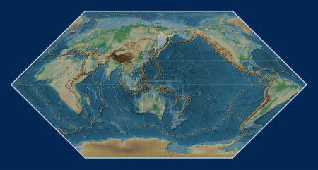 Photo for Okhotsk tectonic plate on the physical elevation map in the Eckert I projection centered meridionally. Distribution of known volcanoes - Royalty Free Image