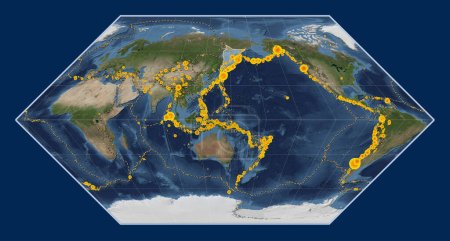 Photo for Okhotsk tectonic plate on the Blue Marble satellite map in the Eckert I projection centered meridionally. Locations of earthquakes above 6.5 magnitude recorded since the early 17th century - Royalty Free Image