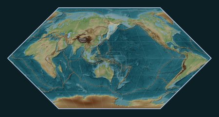Photo for Okhotsk tectonic plate on the Wiki style elevation map in the Eckert I projection centered meridionally. Boundaries of other plates - Royalty Free Image