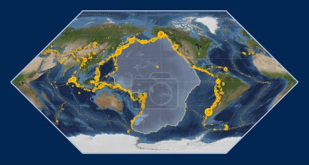 Foto de Placa tectónica del Pacífico en el mapa satélite de mármol azul en la proyección Eckert I centrada meridionalmente. Localizaciones de terremotos de magnitud superior a 6,5 registradas desde principios del siglo XVII - Imagen libre de derechos